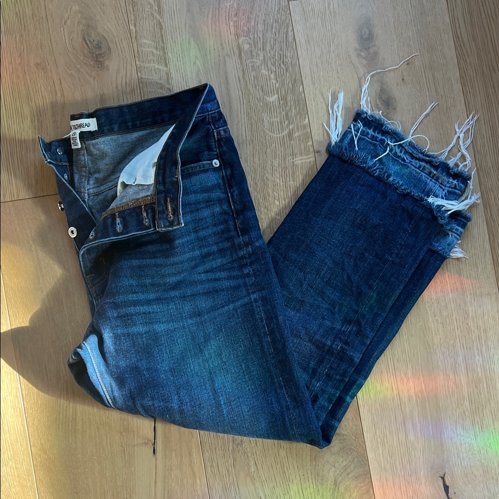Rivet & Thread Dark Blue Cropped Jeans with Frayed Hem